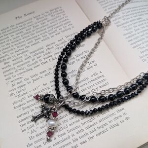 Gothic Black and Silver Necklace with Cross Charm And Red Black Beads